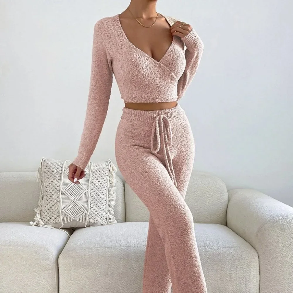 Baby Pink Preppy Womens Surplice Neck Crop Sweater & Drawstring Waist Knit Pants - Picture 2 of 5